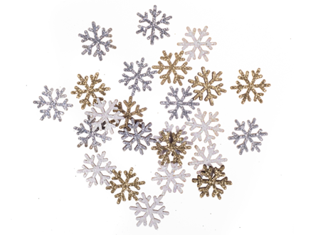 Drevené ozdobné výrezy 1,6cm 24ks - metalické snehové vločky
