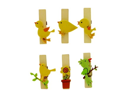 Drevené štipce 35mm s magnetom - 6ks - vtáčiky