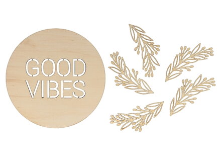 Drevený dekoračný výrez kruh s 5 vetvičkami Good Vibes 20cm