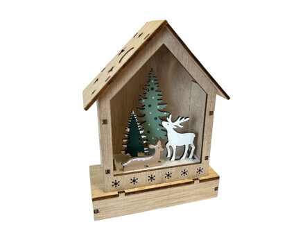 Drevený svietiaci LED domček 15x11cm - srnky a les