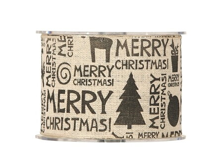 Jutová vianočná stuha 63mm s potlačou - nápisy Merry Christmas