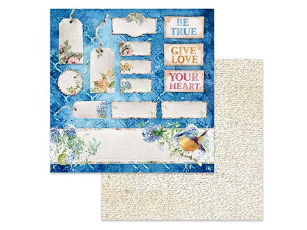 Obojstranný scrapbook papier 30,5cm - kvetinové štítky, starodávne písmo