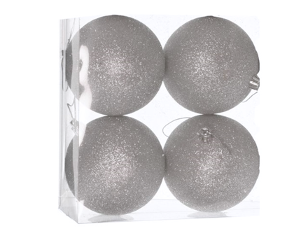 Plastové vianočné gule 10cm 4ks - strieborné trblietavé