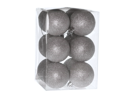 Plastové vianočné gule 12ks 6cm - strieborné trblietavé