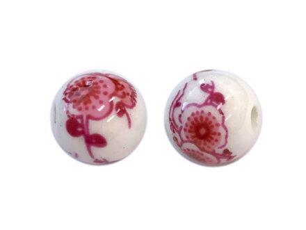 Porcelánová korálka biela 10mm - tmavoružové kvietky