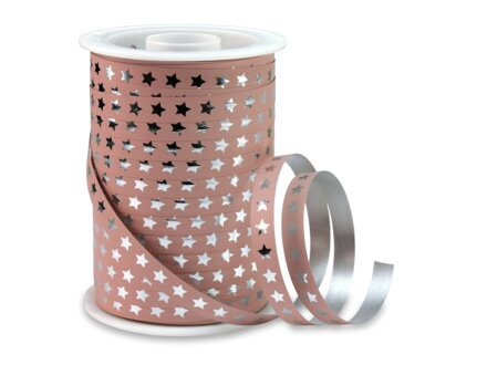 Špirálovacia stužka CHRISTMAS STAR 10mm - pastelová ružová s hviezdičkami