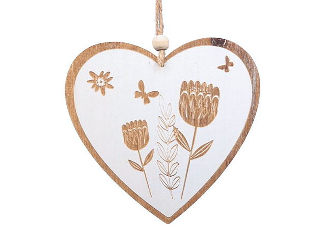 Drevené závesné gravírované srdce 11,5cm - biele