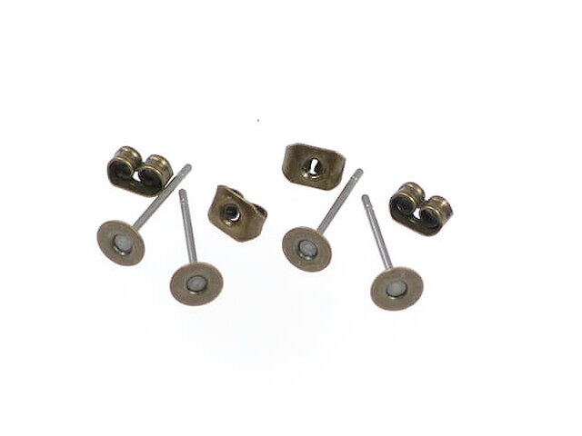 Puzety s plochou 4mm a kovovými poistkami - 2 páry - antické bronzové