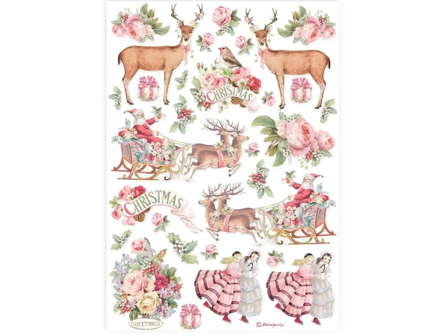 Ryžový papier A4 - Ružové Vianoce jelene, kvety, Santa Claus