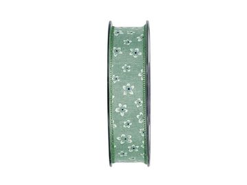 Bavlnená stuha 25mm s plastickými kvietkami - vintage zelená