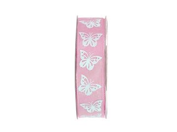 Bavlnená stuha 25mm s plastickými motýľmi - pastelovo ružová