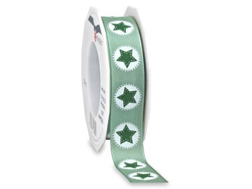 Dekoračná vianočná stuha HAMPSTEAD 25mm - vintge zelená - hviezdy