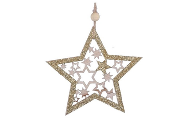 Dekoračná závesná drevená hviezda 9,5cm - trblietavá zlatá