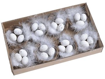 Dekoratívne mini hniezdo s pierkami a vajíčkami 5cm