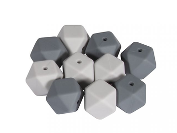 Detské silikónové korálky 14mm 10ks - sivé hexagony