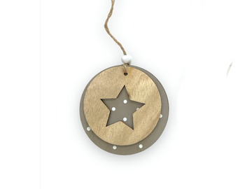 Drevená dekorácia 2v1 kruh s bodkami a hviezdou - sivá