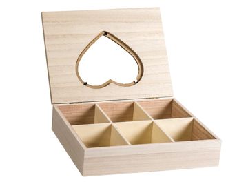 Drevená krabica na čajové vrecúška 6 priehradková so srdcom