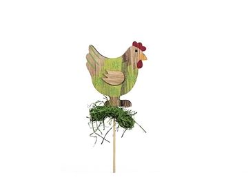 Drevená ozdoba na špajli 25cm s trávou - zelená sliepka