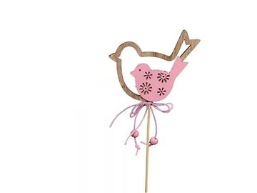 Drevená zapichovacia ozdoba na špajli - ružový vtáčik