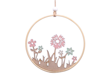 Drevená závesná dekorácia kruh 15,5cm s kvetmi - lúka