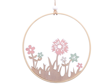 Drevená závesná dekorácia kruh 20cm s kvetmi - lúka