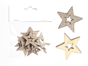 Drevené mini ozdoby 12ks - trblietavé zlaté hviezdy
