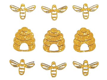 Drevené nalepovacie ozdoby 3cm 9ks - včely a úle