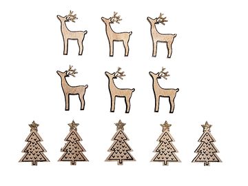 Drevené samolepiace vianočné ozdoby 10ks - stromy a jelene