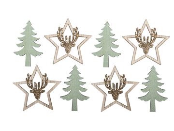 Drevené vianočné ozdoby 12ks - hviezdy s jeleňom a stromy