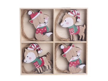 Drevené závesné vianočné ozdoby v škatuľke 8ks - líšky a srnky
