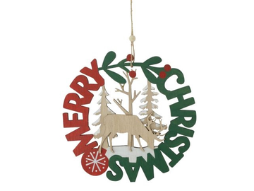 Drevený vianočný veniec s jeleňom 20cm - Merry Christmas - tradičné farby