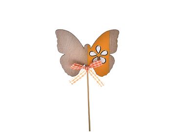 Drevený zapichovací motýľ na špajli 21cm - oranžový so stužkou