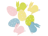 Dýhové výrezy 7cm zajace a vajíčka 8ks - pastelové farby