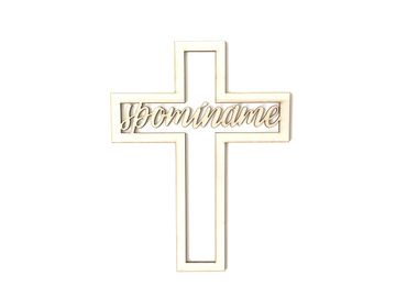 Dýhový drevený výrez, nápis 15cm - kríž - spomíname
