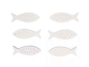 Farbené drevené výrezy 6ks - trblietavé biele rybky