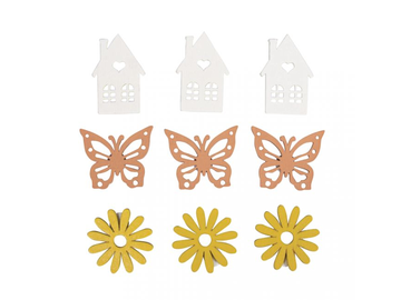 Farbené nalepovacie drevené ozdoby 9ks - domčeky, kvety, motýle
