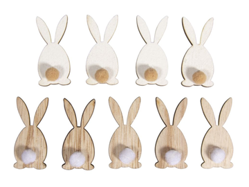 Farbené nalepovacie drevené ozdoby 9ks - zajačiky s chvostíkmi