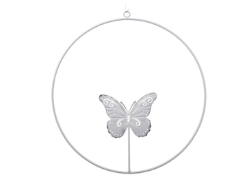 Kovový závesný kruh s motýľom 30cm - biely