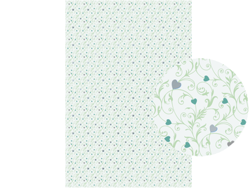 Kreatívny papier biely A4 s metalickou potlačou - srdiečka a ornamenty - pastelovo zelené