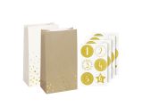 Papierové adventné vrecúška s nálepkami 18cm - biele zlaté a prírodné