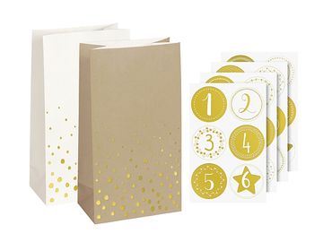 Papierové adventné vrecúška s nálepkami 24cm - biele zlaté a prírodné
