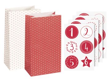Papierové adventné vrecúška s nálepkami 24ks - červené a biele