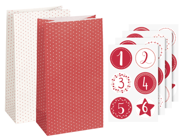 Papierové adventné vrecúška s nálepkami 24x13cm - červené a biele