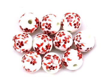 Porcelánové korálky biele 10ks 8mm - červené kvietky