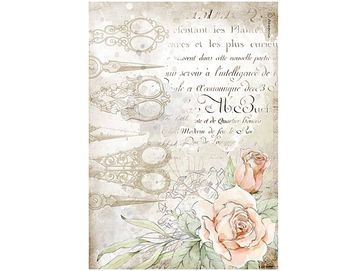 Ryžový papier A4 - Romantic Threads - ruže a nožnice