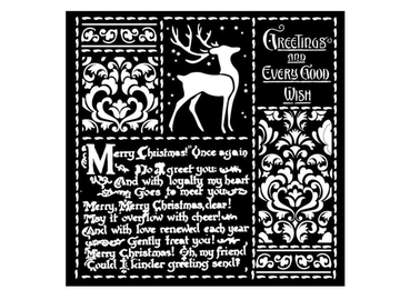 Šablóna 18x18cm - vianočný text, ornamenty, jeleň