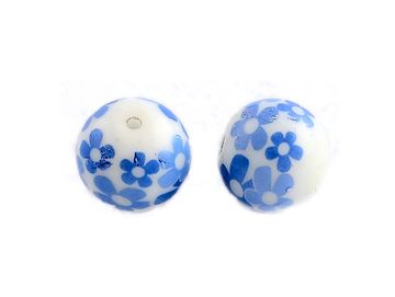 Porcelánové korálky biele 10mm 5ks - modré kvietky 02