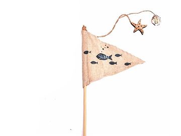 Textilná zapichovacia vlajka na paličke 50cm - prírodná s rybkami