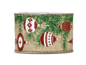 Tkaná vianočná stuha 63mm s potlačou prírodná - vianočné gule
