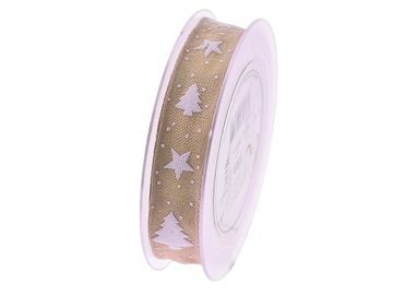 Vianočná dekoračná stuha 25mm stromčeky a hviezdičky - béžová